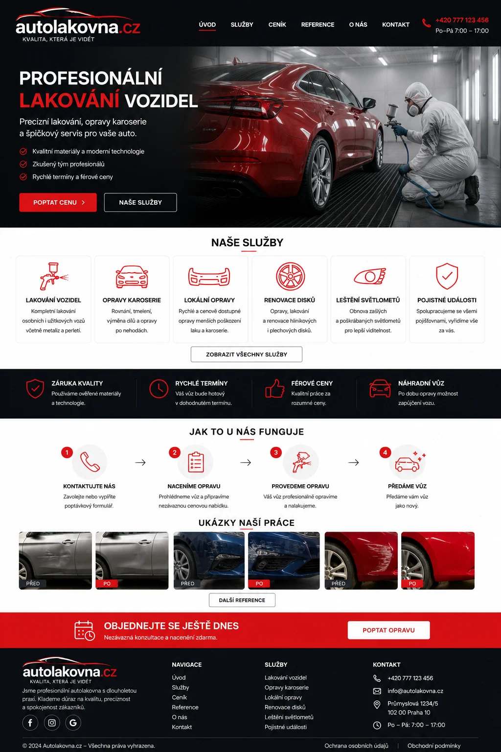 Vizuální návrh možného projektu AutoLakovna.cz zaměřeného na autolakovnu, opravy laku a péči o karoserii